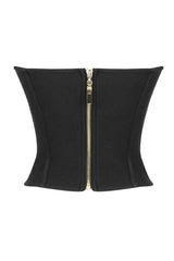 Black structured corset top with a gold zipper closure on the back, front view