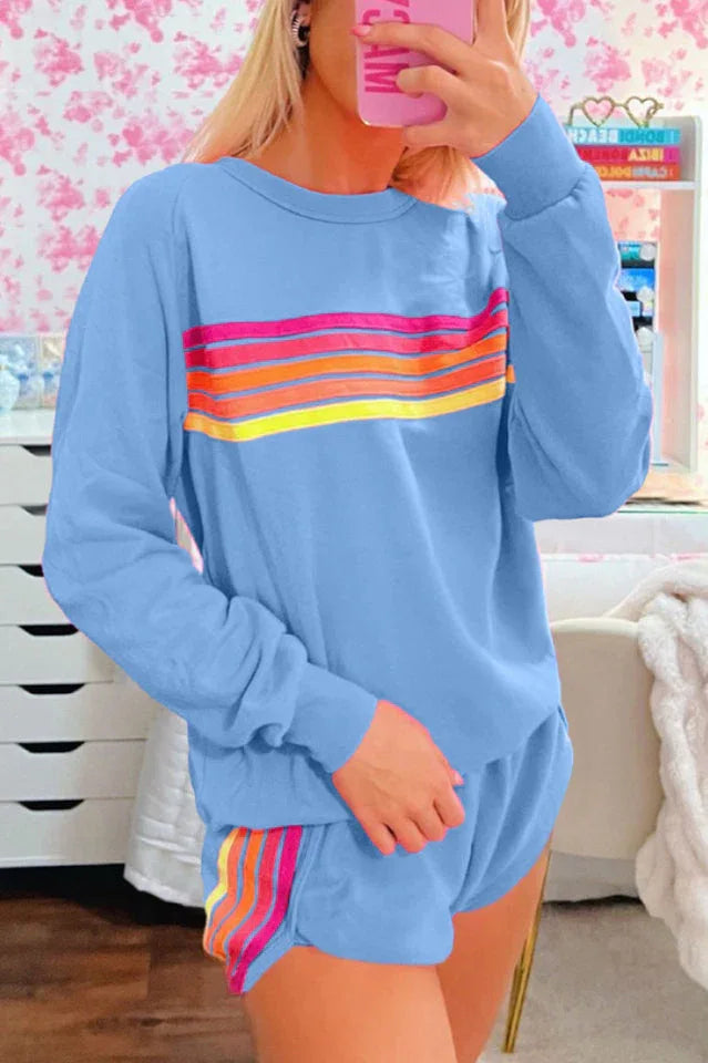 Pink Wave of Hope Retro Rainbow Sweatshirt & Shorts Lounge Set - View 10 | TEVQA