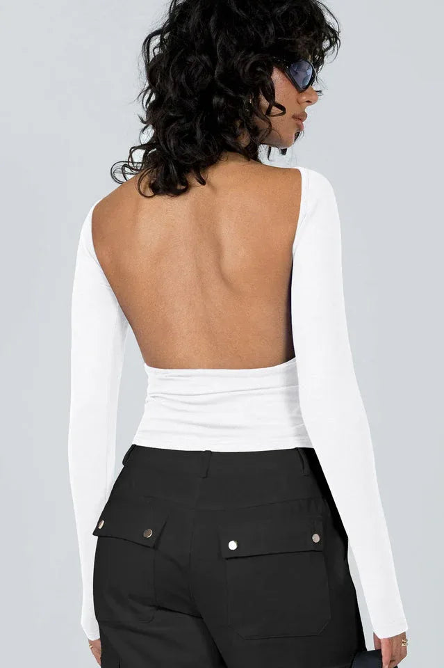 Ribbed knit long sleeve top with open back - View 10 | TEVQA