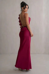 Elegant satin maxi gown with floral trim - View 9 | TEVQA