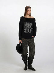 Y2K Grunge Faux Fur Trim Off-Shoulder Sweater - TEVQA