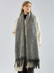 Grey Boucle Scarf with Green Contrast Trim