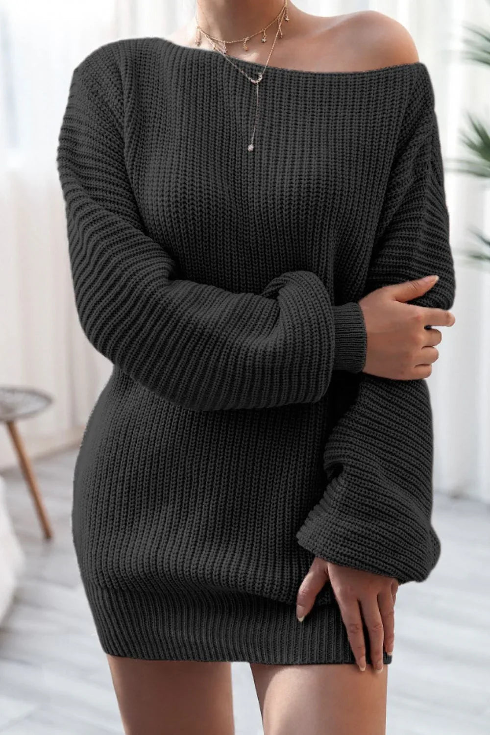 Slouchy Ribbed Knit Sweater Dress - View 10 | TEVQA