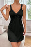 Black Satin Chemise Nightgown with Lace Straps & Bow Detail, Short Mini Slip Dress - Elegant Lingerie - TEVQA