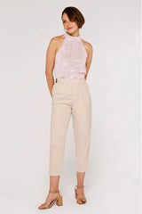 Apricot Champagne Sequin Halter Neck Top | Elegant High Neck Sleeveless Blouse - TEVQA
