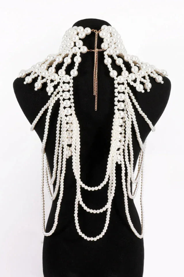 Megan Pearl Body Chain Bra - Statement Shoulder Bib Necklace & Bridal Cape Jewelry - TEVQA