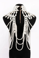 Megan Pearl Body Chain Bra - Statement Shoulder Bib Necklace & Bridal Cape Jewelry - TEVQA
