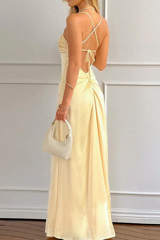 Yellow satin maxi dress with cowl neckline and strappy back - View 6 | TEVQA