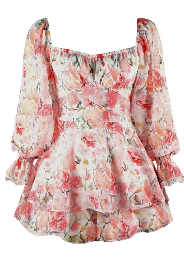 Floral shirred sleeve romper - View 10 | TEVQA