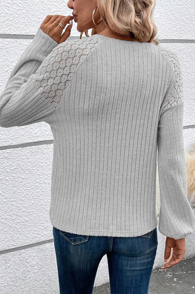 Ribbed knit crew neck top with lace detail - View 12 | TEVQA