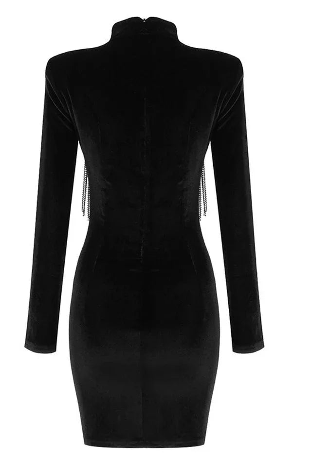 Black velvet mini dress with crystal fringe detail - View 13 | TEVQA