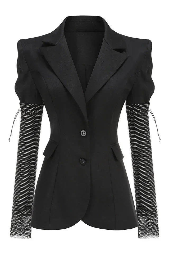 Product shot of a black blazer with embellished sleeves