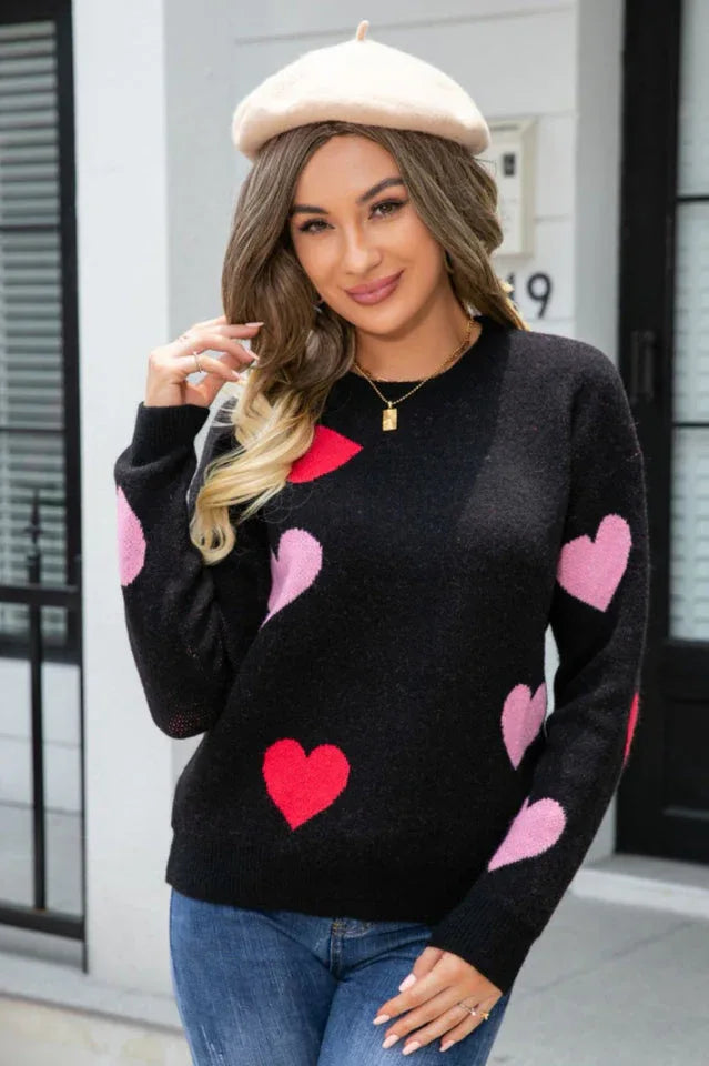 Soft Pink Heart Print Knit Sweater - View 7 | TEVQA