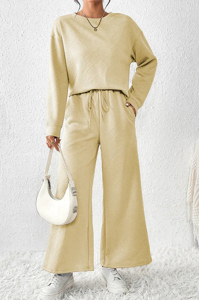 Textured Long Sleeve Top & Pants Set - TEVQA
