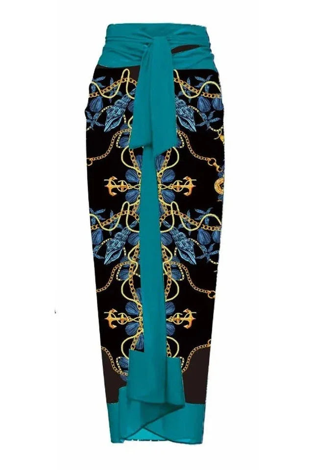 One shoulder swimsuit with tropical print and floral applique, paired with a matching skirt. - View 15 | TEVQA