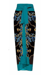 One shoulder swimsuit with tropical print and floral applique, paired with a matching skirt. - View 15 | TEVQA