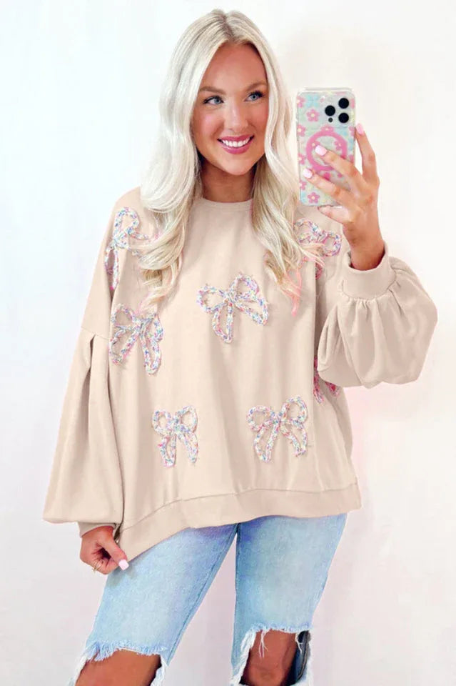 Coquette Pink Bow Applique Sweatshirt - TEVQA