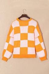 Women’s Pink Checkerboard Oversized Knit Sweater - TEVQA