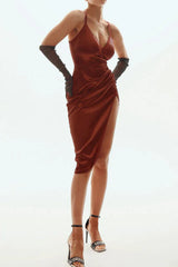 Wrap V Neck High Slit Draped Slip Midi Dress - TEVQA