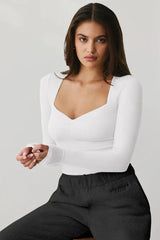 Cream Ribbed Sweetheart Neck Long Sleeve Top - TEVQA