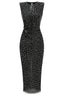 Front view of a black sequined column dress with a cutout waist and button detail