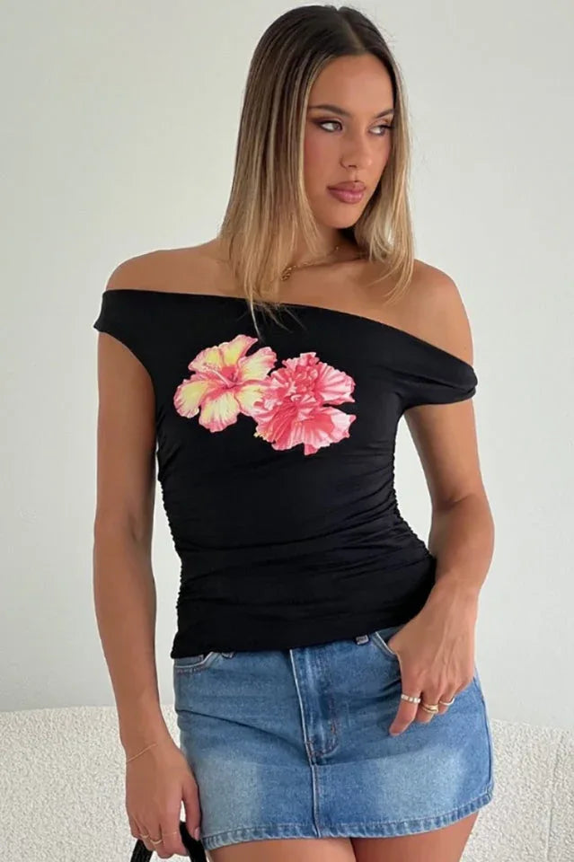 Twist Off Shoulder Graphic Top - TEVQA