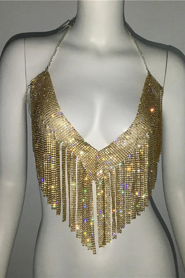 Sparkling Crystal Chainmail Crop Top - Backless Rhinestone Metal Mesh Cami - TEVQA