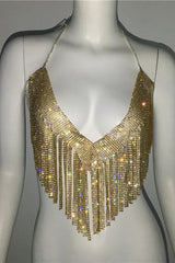 Sparkling Crystal Chainmail Crop Top - Backless Rhinestone Metal Mesh Cami - TEVQA