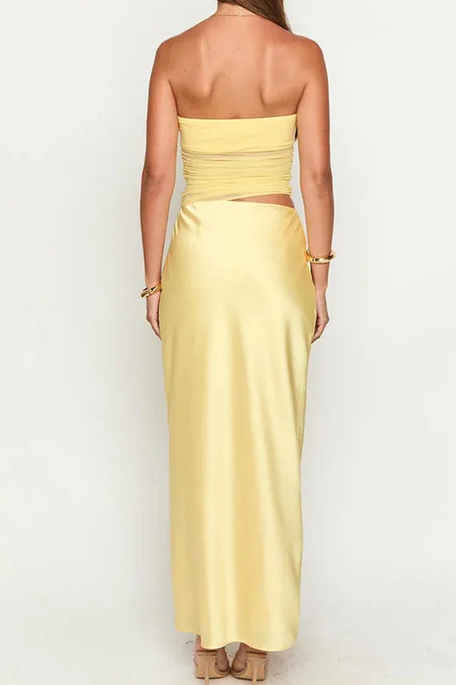 Yellow satin maxi dress with cowl neckline and adjustable straps - View 6 | TEVQA