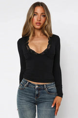 Lace Trim V-Neck Long Sleeve Top - View 11 | TEVQA