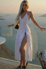 V-Neck Bodysuit Wrap Skirt Set - TEVQA