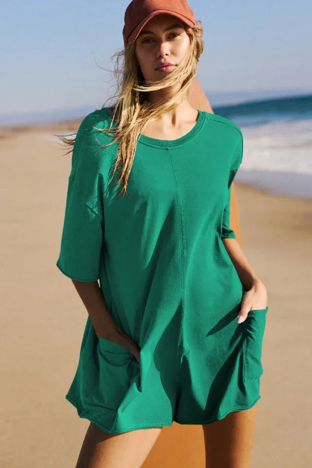 Oversized Crew Neck Romper with Open Back - View 7 | TEVQA