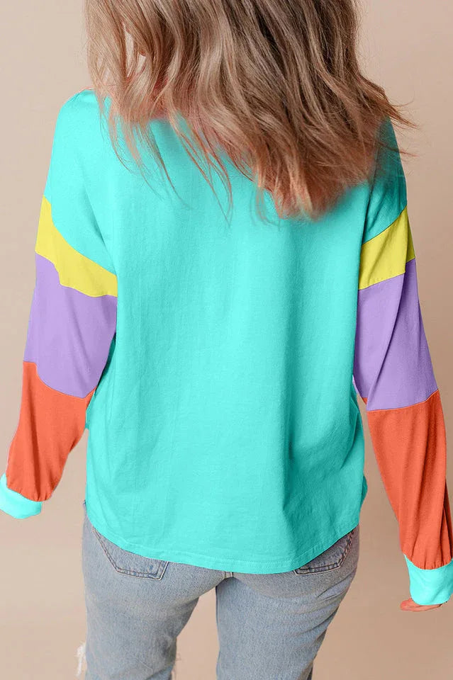 Playful Color Block Long Sleeve Top - TEVQA