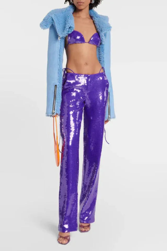 Sequin crop top and wide leg pants set with feather trim - View 10 | TEVQA