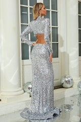 Silver sequin maxi dress with mock neck and fringe detail - View 6 | TEVQA