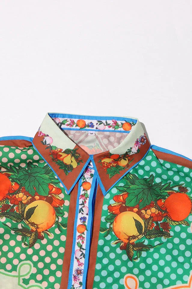 Fruit print satin shirt and wide leg pants set - View 8 | TEVQA