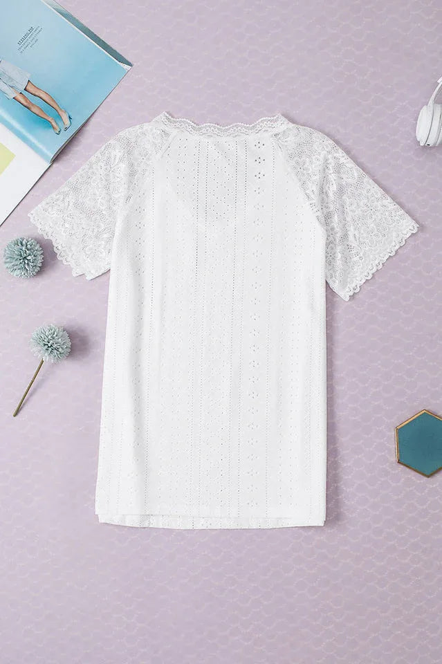 White Floral Lace & Eyelet Embroidery V-Neck Blouse - TEVQA