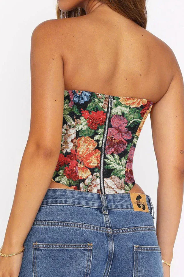 Floral Tapestry Corset Top - View 10 | TEVQA