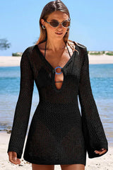 White crochet beach cover-up with V-neckline and long sleeves - View 6 | TEVQA