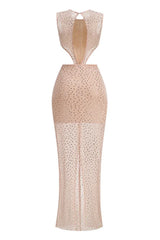 front view of a blush pink sequined gown with a deep V-neckline and cut-out waist