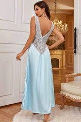 Light Blue Satin Nightgown with Floral Lace Bodice, V-Back Maxi Slip Dress - "Something Blue"