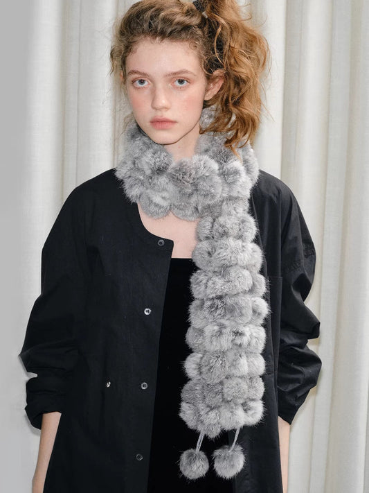 Light Grey Rabbit Fur Pom Pom Scarf