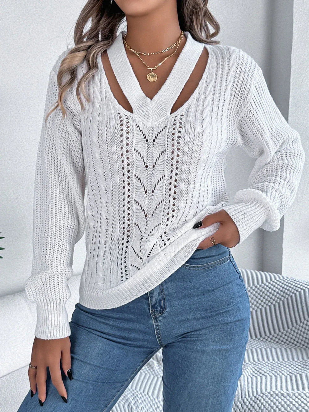 White Cutout V-Neck Cable Knit Sweater - TEVQA