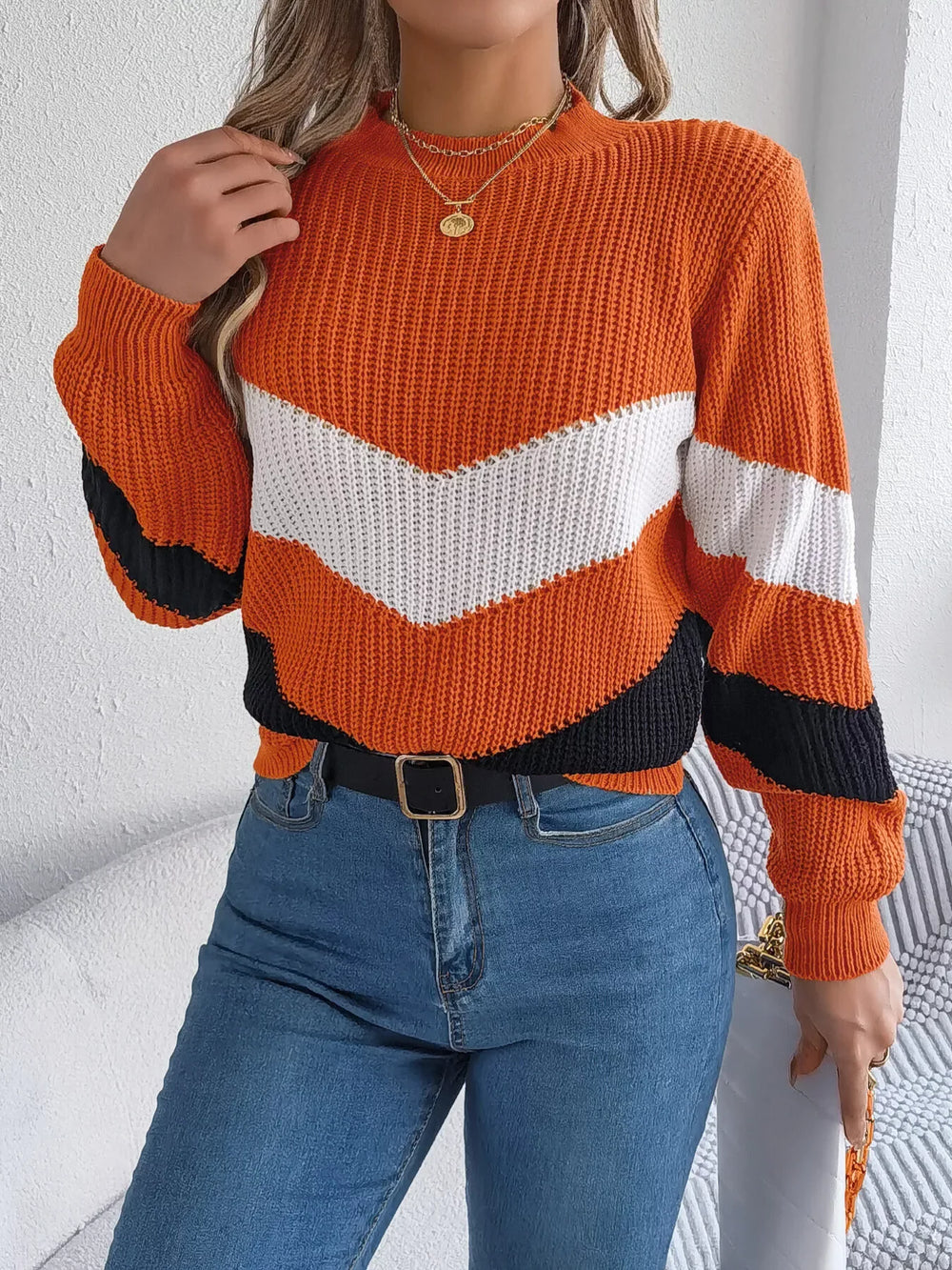 Women's Color Block Chevron Knit Sweater - TEVQA