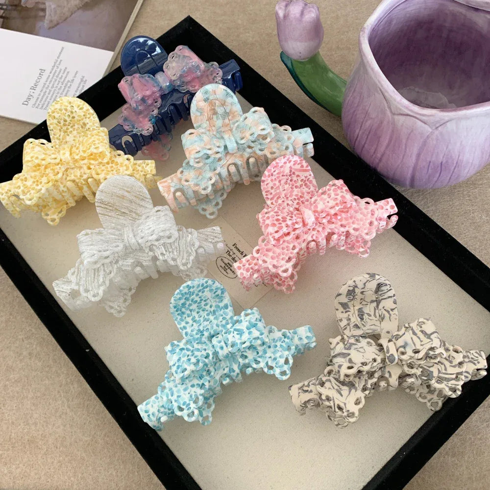 Textured Lace Bow Acetate Hair Claw (3.7 Inch) - TEVQA
