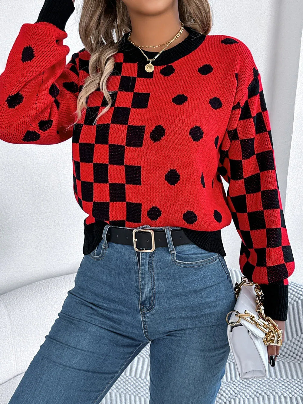 Gray Polka Dot & Checkerboard Knit Sweater - View 11 | TEVQA