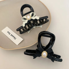 3.15 Inch Pearl Bow Hair Claw Clip - Elegant Preppy Design