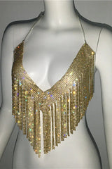 Sparkling Crystal Chainmail Crop Top - Backless Rhinestone Metal Mesh Cami - TEVQA