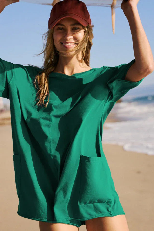Oversized Crew Neck Romper with Open Back - View 8 | TEVQA