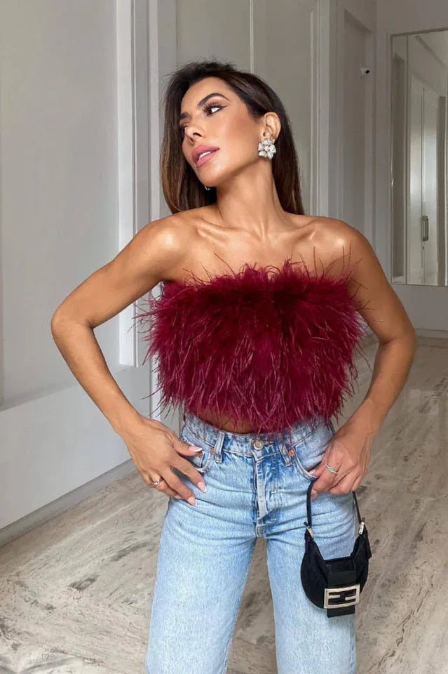 Strapless feather crop top - View 10 | TEVQA